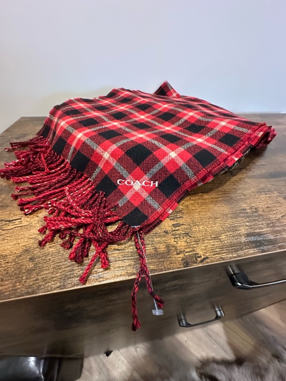 Coach Red & Black Plaid Fringe Wrap